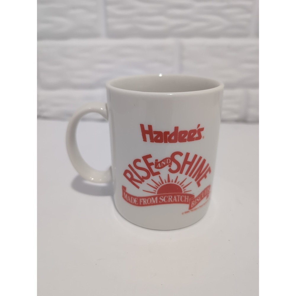 Hardees Rise and Shine Mug Ceramic Coffee Tea Cup Mug White Diner Souvenir 90s